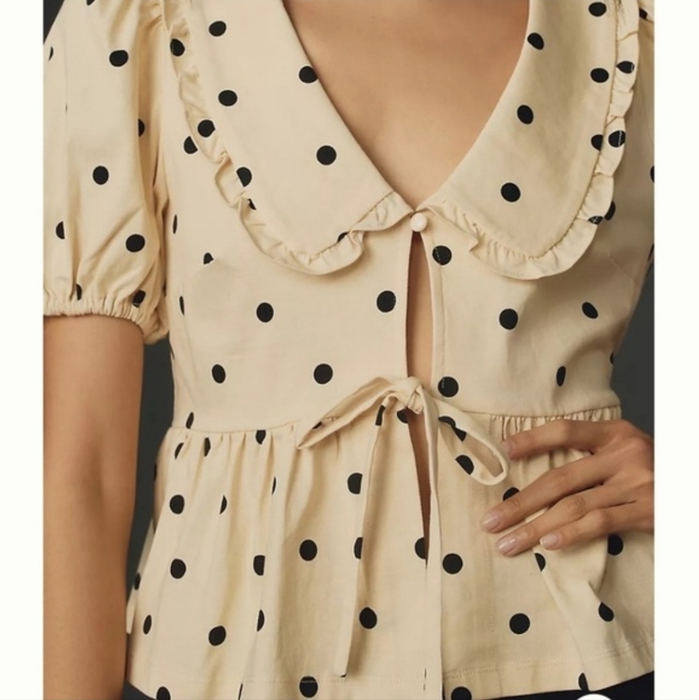 Porridge Polka Dot Tie Front Peplum Blouse Peter Pan Collar Puff Sleeve NWT Med - Picture 2 of 9